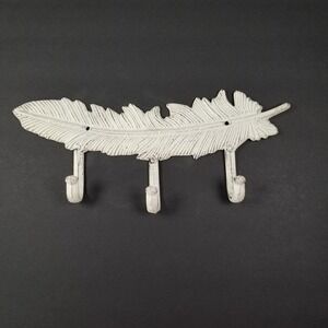 Cast Iron Feather Wall Hook Rack 3 Hooks Distressed White Rustic Farmhouse 11.5